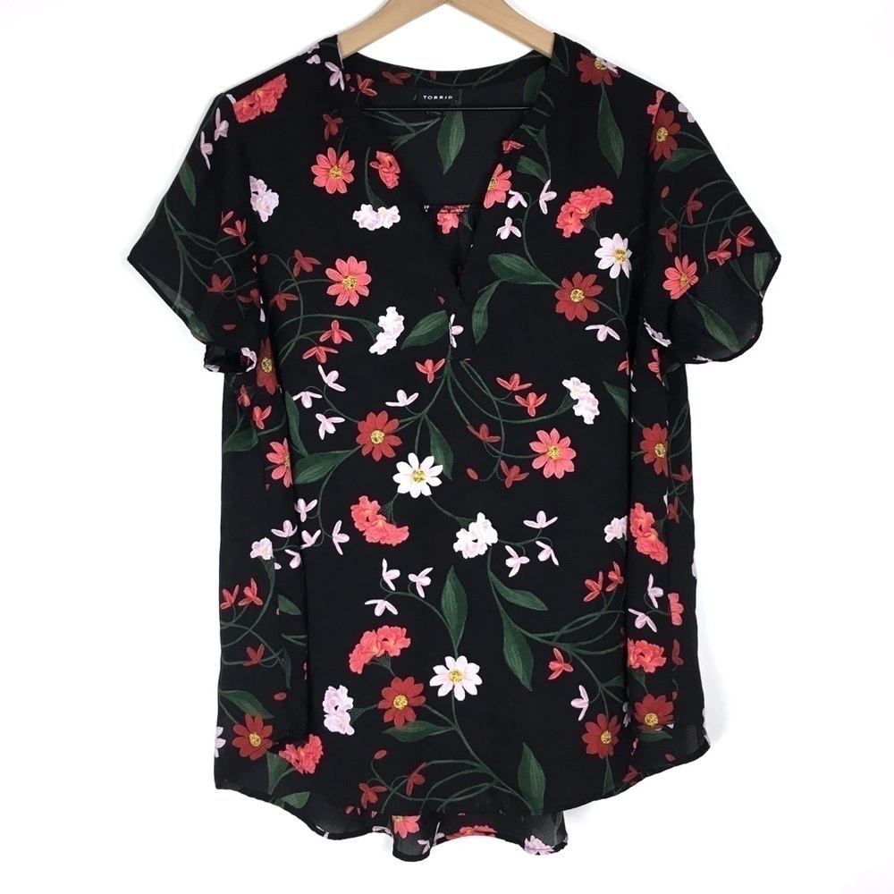 TORRID Georgette Blouse Floral Sheer Flowy Lightweight Split Neck Size 0 Large